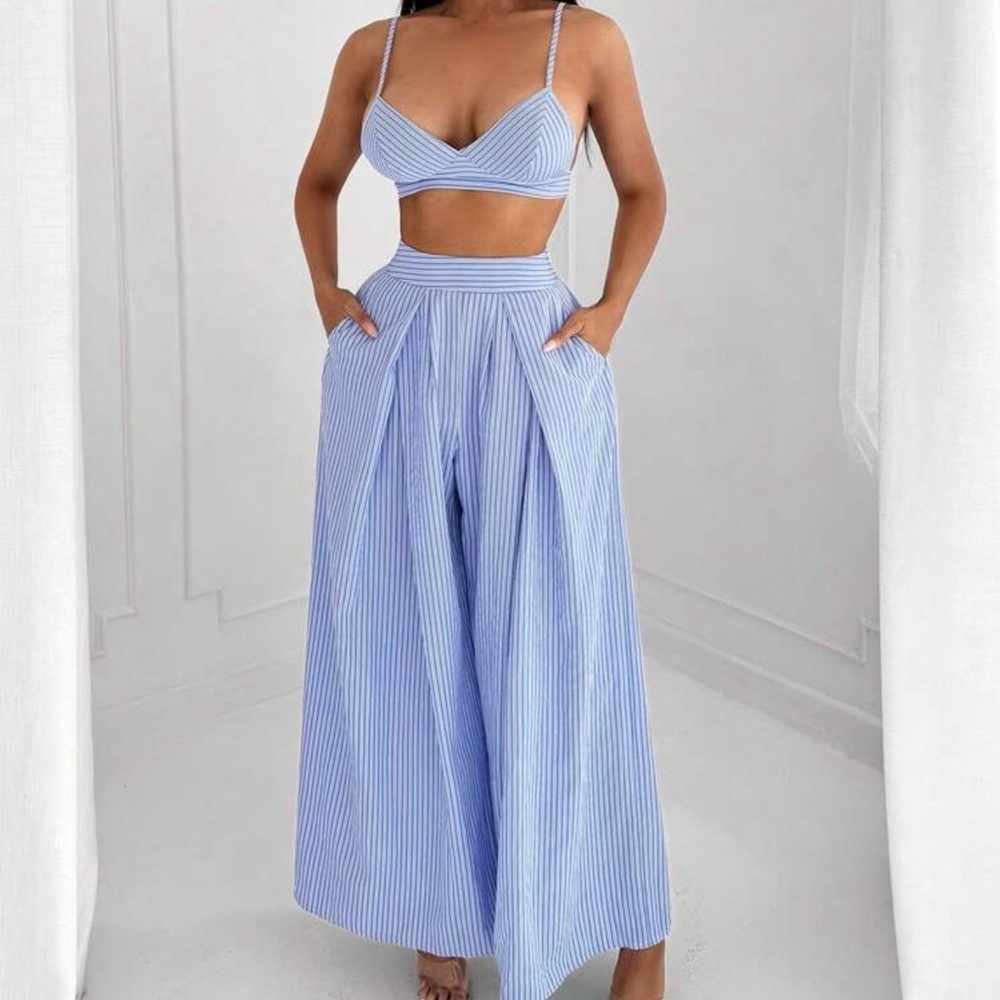 Striped Two-Piece Wide Leg Pants Set - Blue